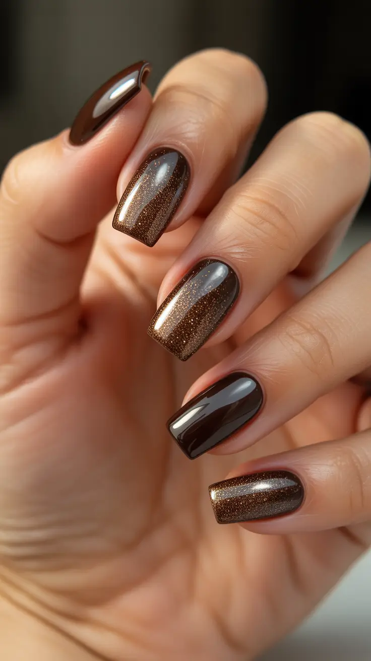 brown nail designs 2026 Glossy Chocolate Sparkle Square Nails