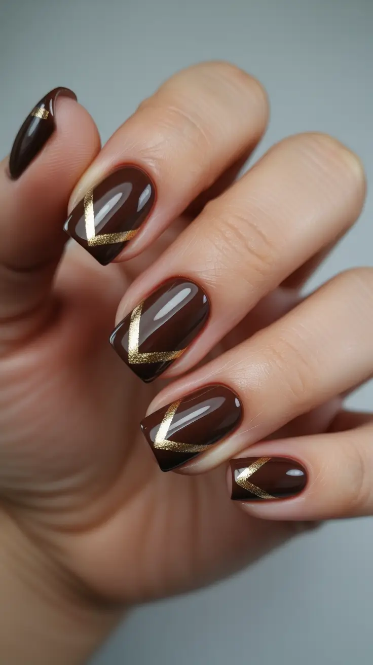 brown nail designs 2026 Gold Chevron Accents On Chocolate Squares