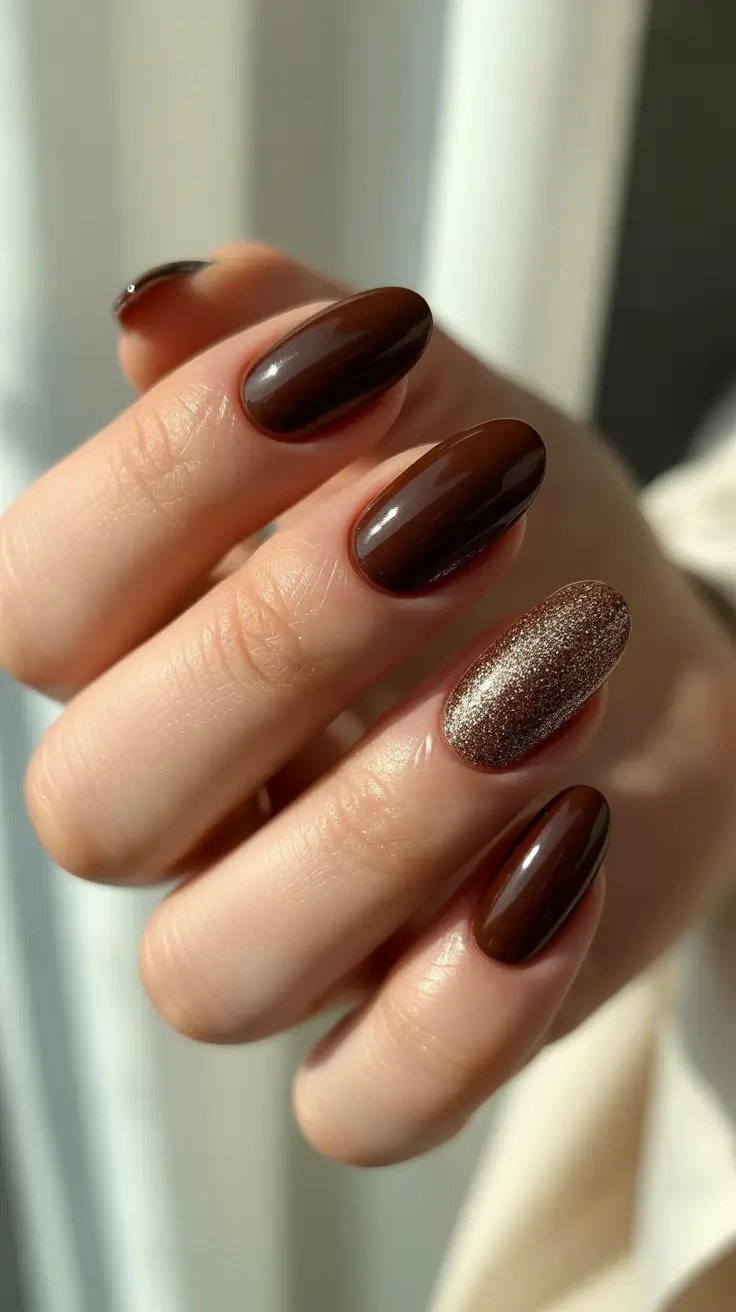 brown nail designs 2026 Almond Brown With Sparkling Accent Nail