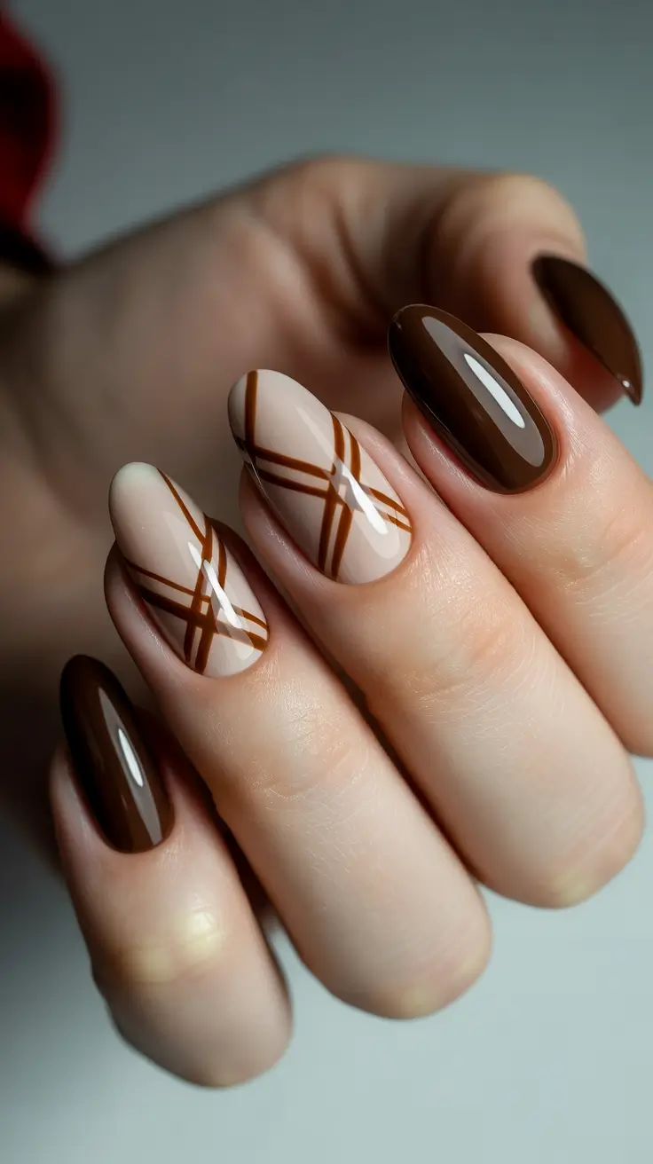 brown nail designs 2026 Plaid Latte Lines On Almond Nails