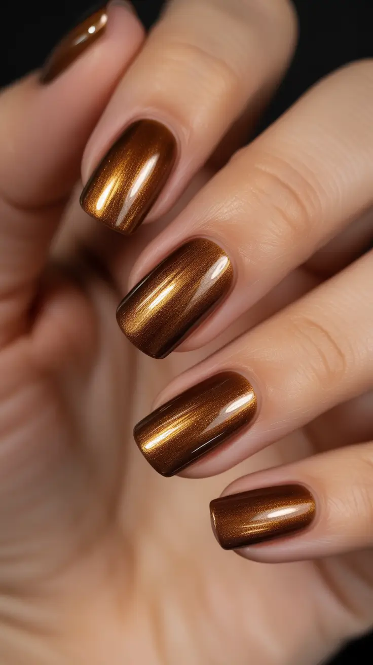 brown nail designs 2026 Molten Caramel Chrome Square Nails