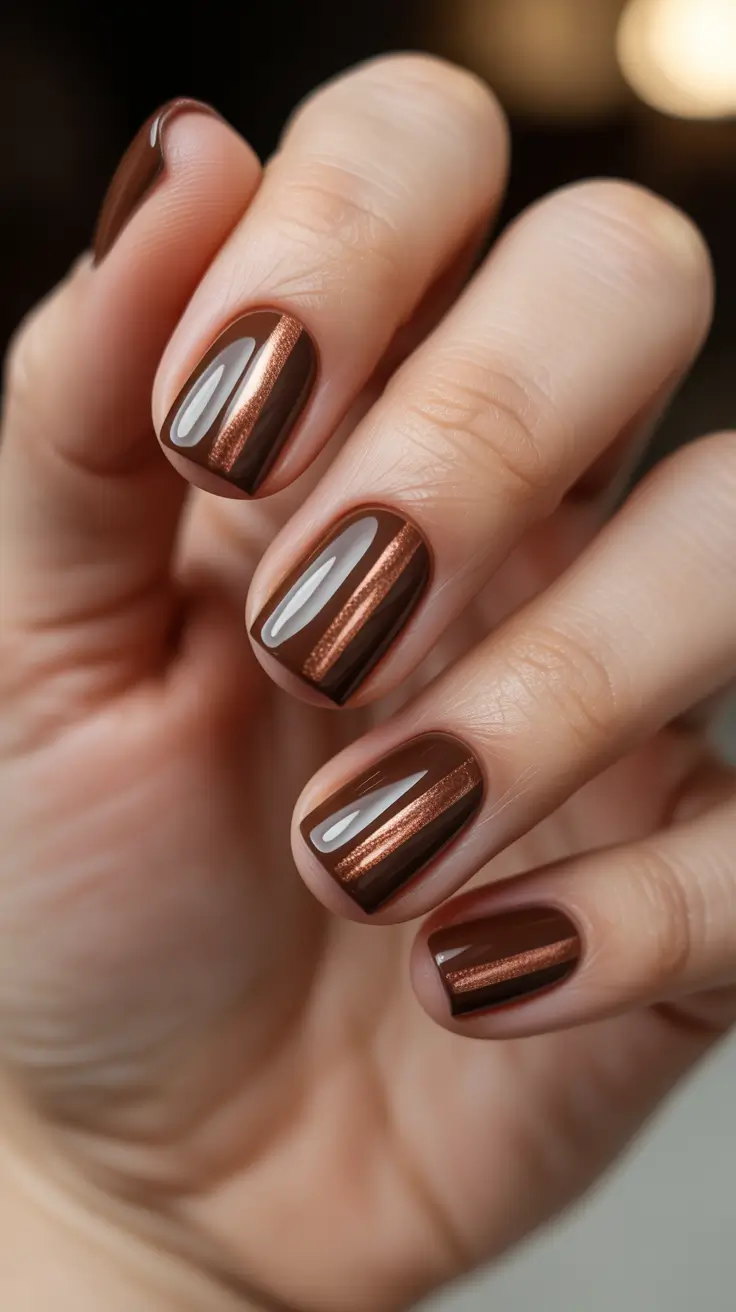 brown nail designs 2026 Short Copper Stripe Brown Nails