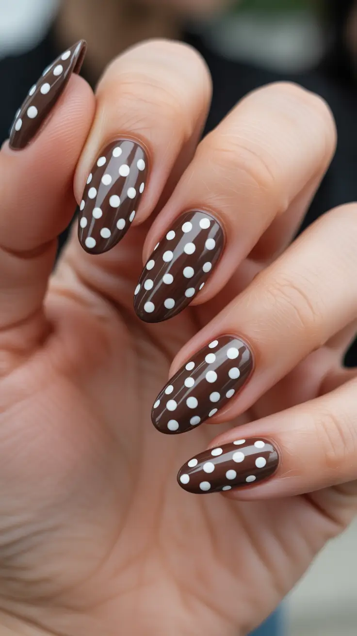 brown nail designs 2026 Cute Polka Dot Brown Almond Nails