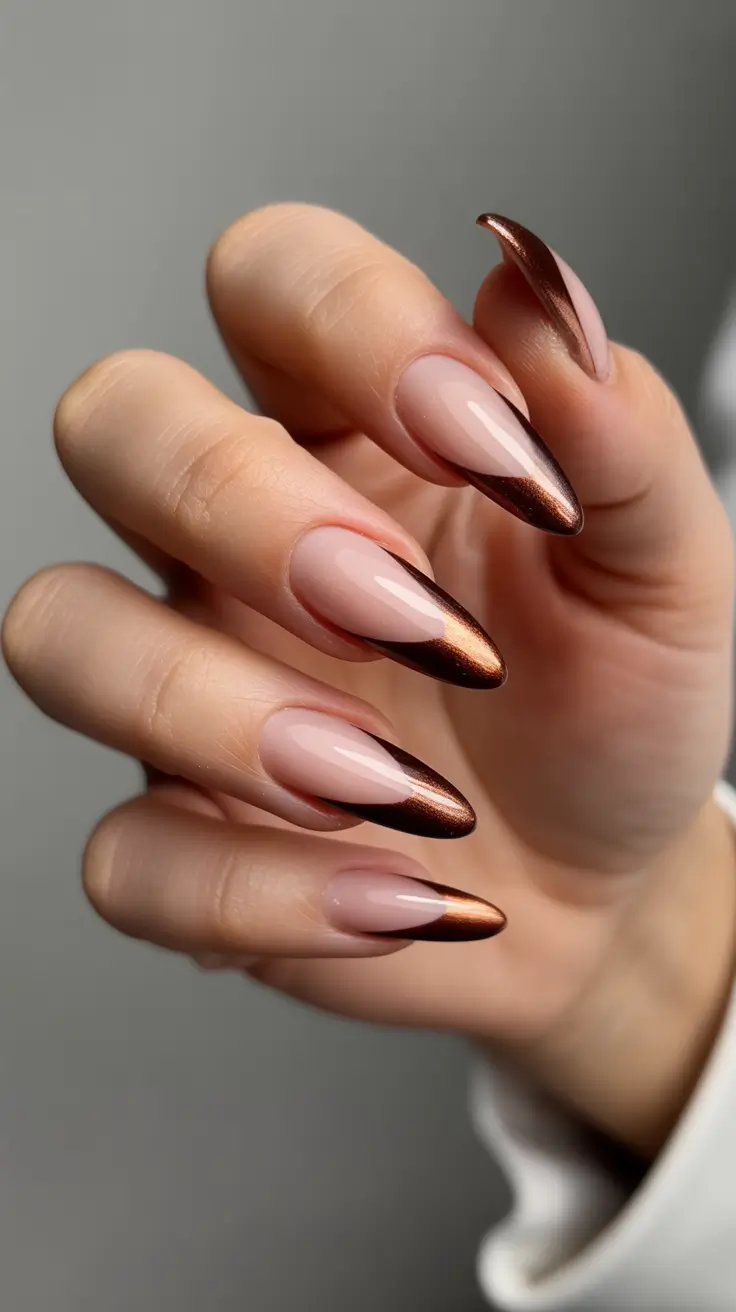 brown nail designs 2026 Bronze French Tips On Soft Almond Nails