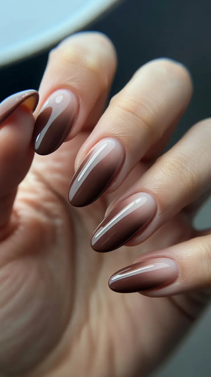 brown nail designs 2026 Soft Latte Ombre Almond Nails