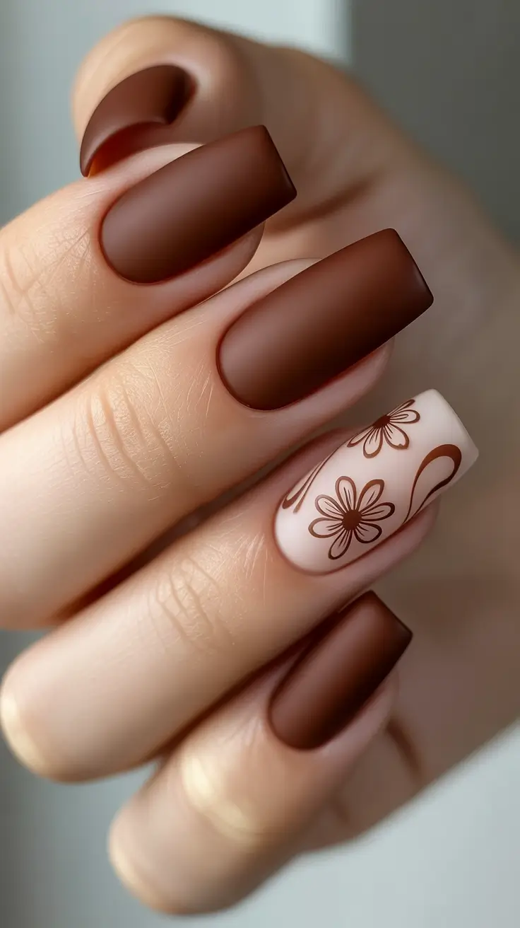 brown nail designs 2026 Matte Chocolate Floral Square Nails