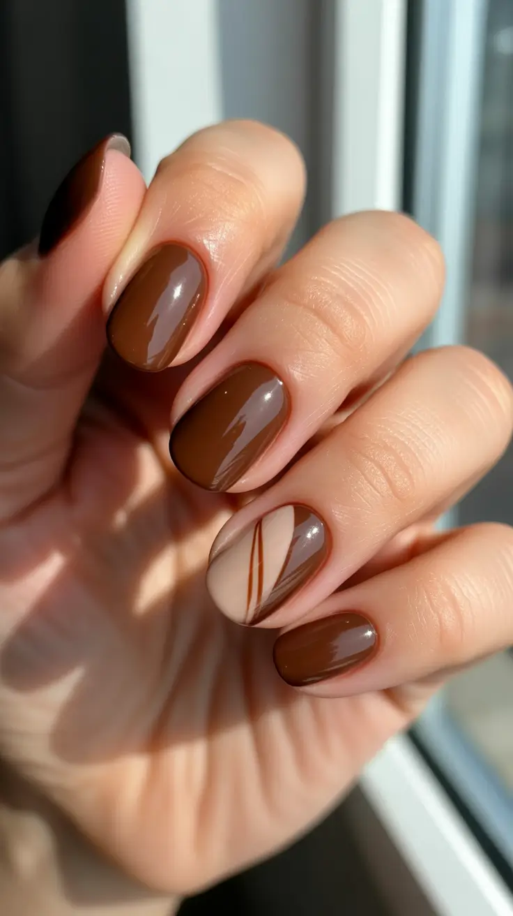 brown nail designs 2026 Minimal Coffee Lines On Short Ovals