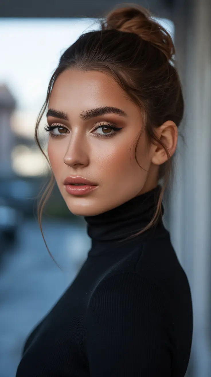 Trendy bun hairstyle ideas 2026 Glossy Top Knot With Soft Face Framing Pieces