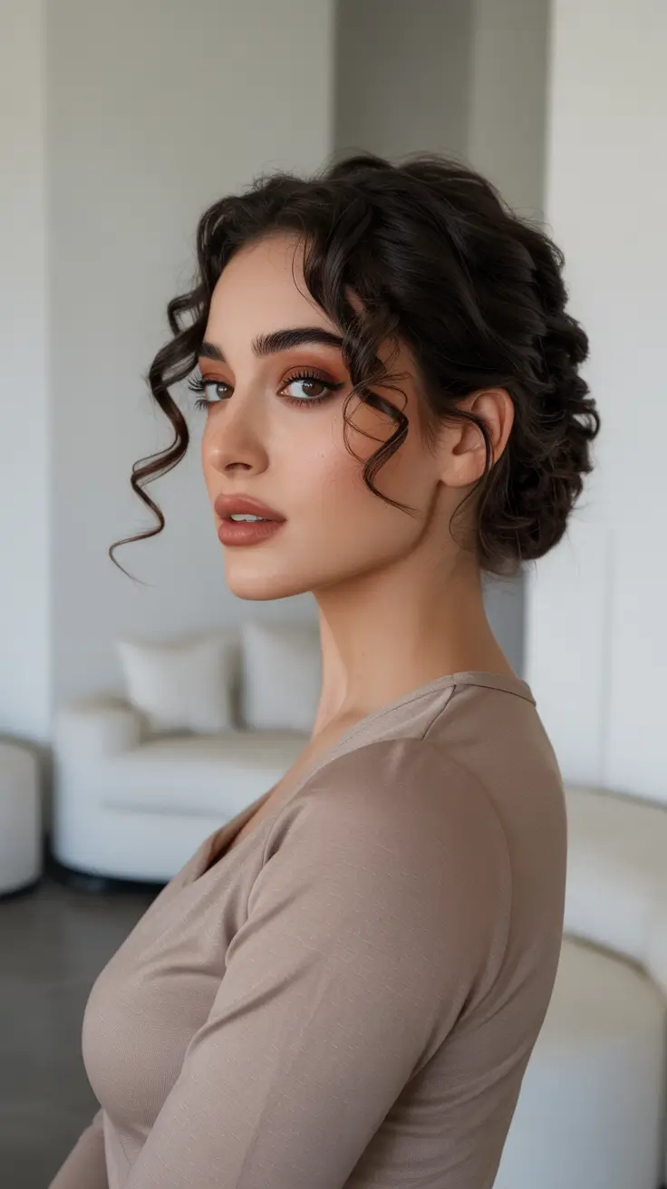 Trendy bun hairstyle ideas 2026 Romantic Curly Low Bun With Soft Spiral Tendrils