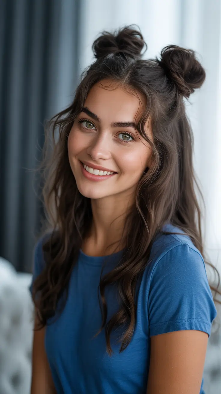 Trendy bun hairstyle ideas 2026 Playful Two Mini Buns With Loose Waves