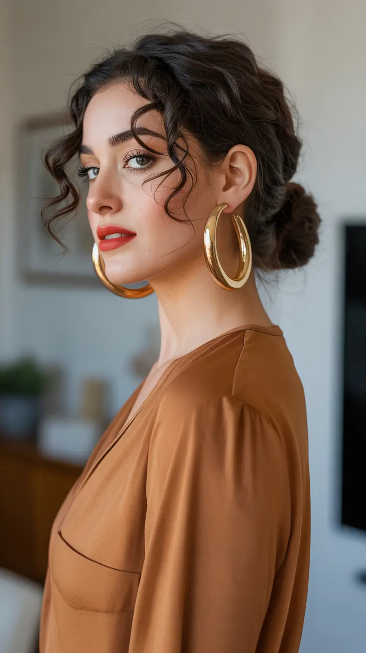 Trendy bun hairstyle ideas 2026 Low Curly Bun With Bold Earrings Energy