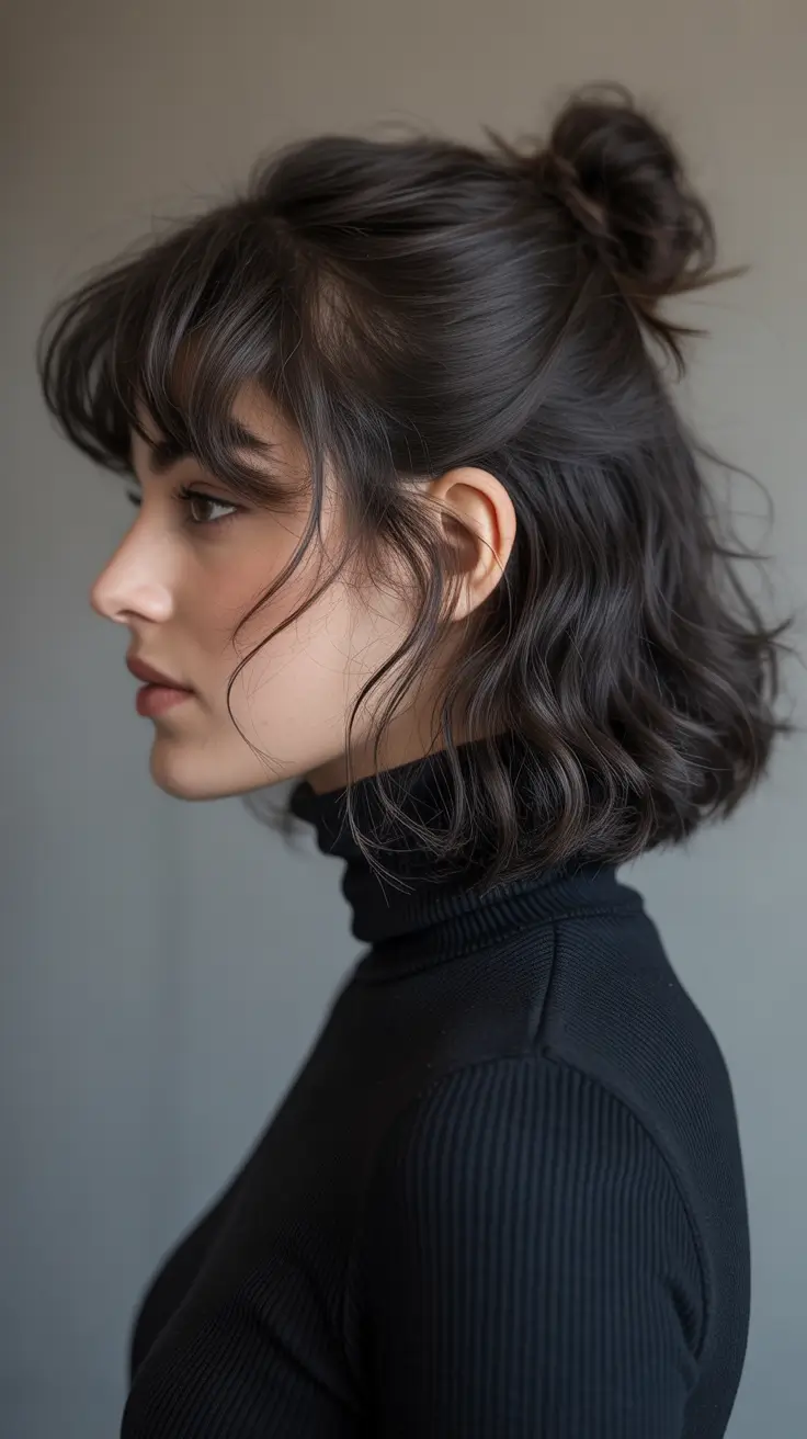 Trendy bun hairstyle ideas 2026 Half Up Mini Bun On Short Curly Waves With Bangs