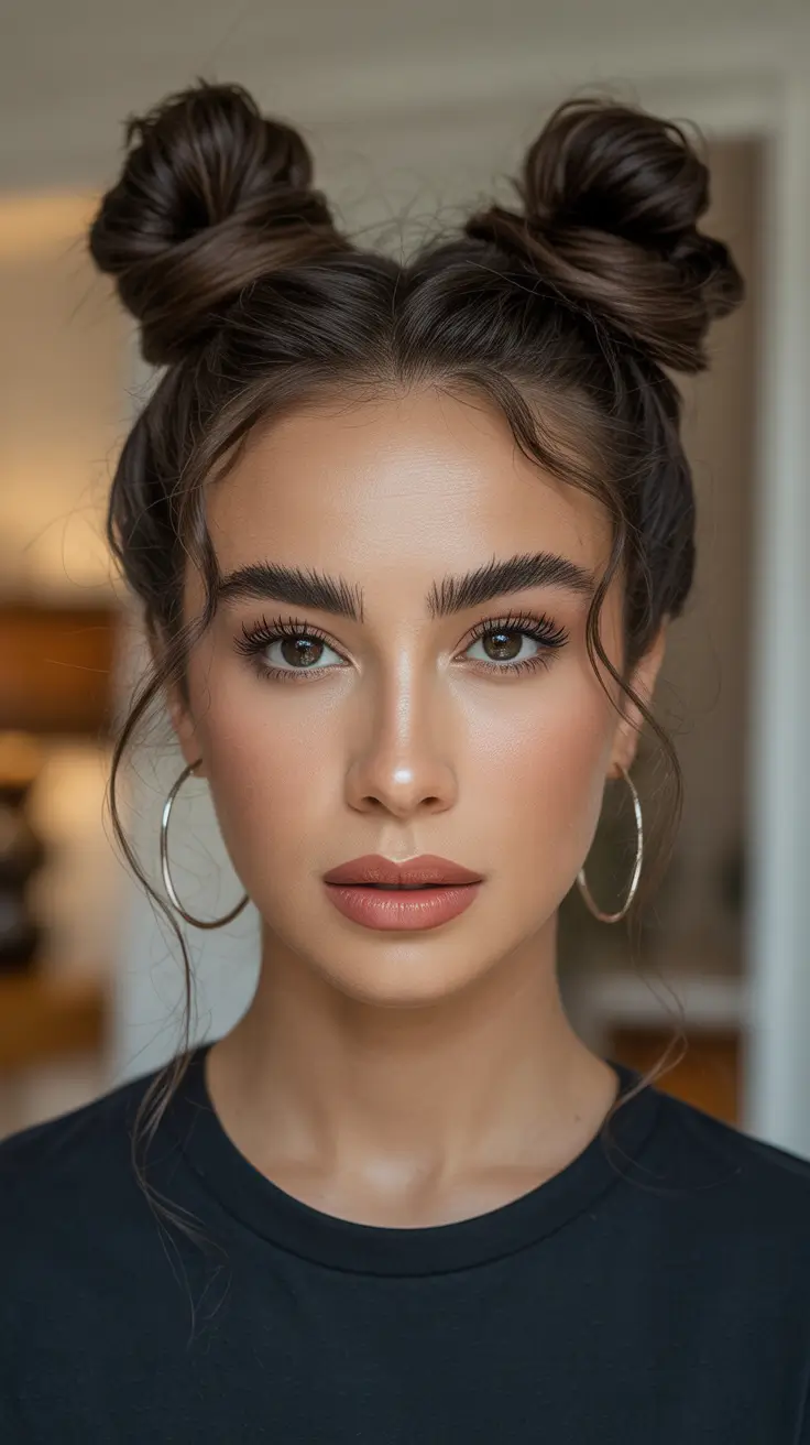 Trendy bun hairstyle ideas 2026 Playful Double Space Buns With Soft Face Framing