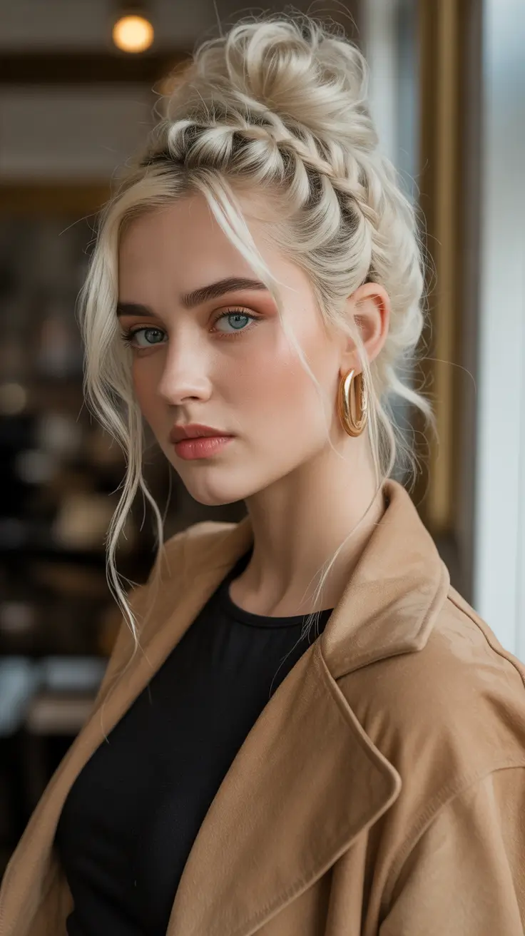 Trendy bun hairstyle ideas 2026 Soft Blonde Braided Top Bun With Airy Texture