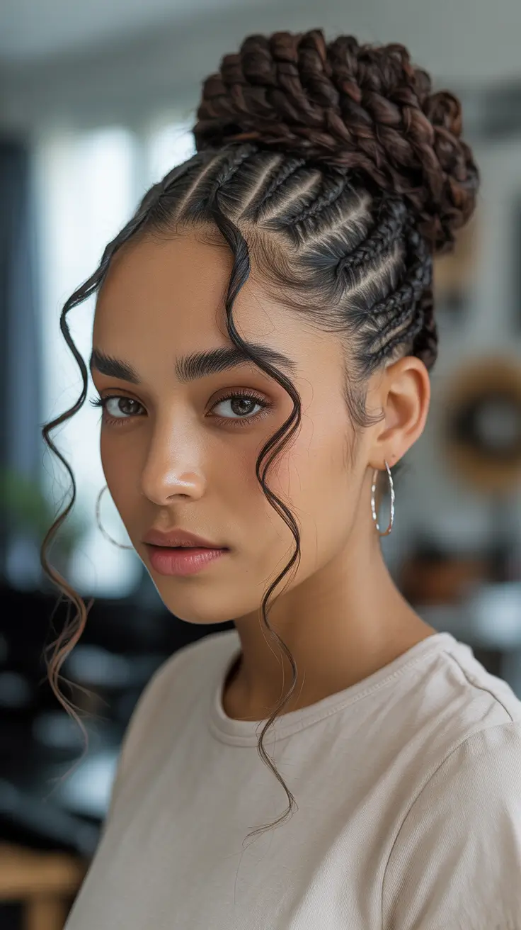 Trendy bun hairstyle ideas 2026 Cornrow Lift Bun With Curly Tendrils