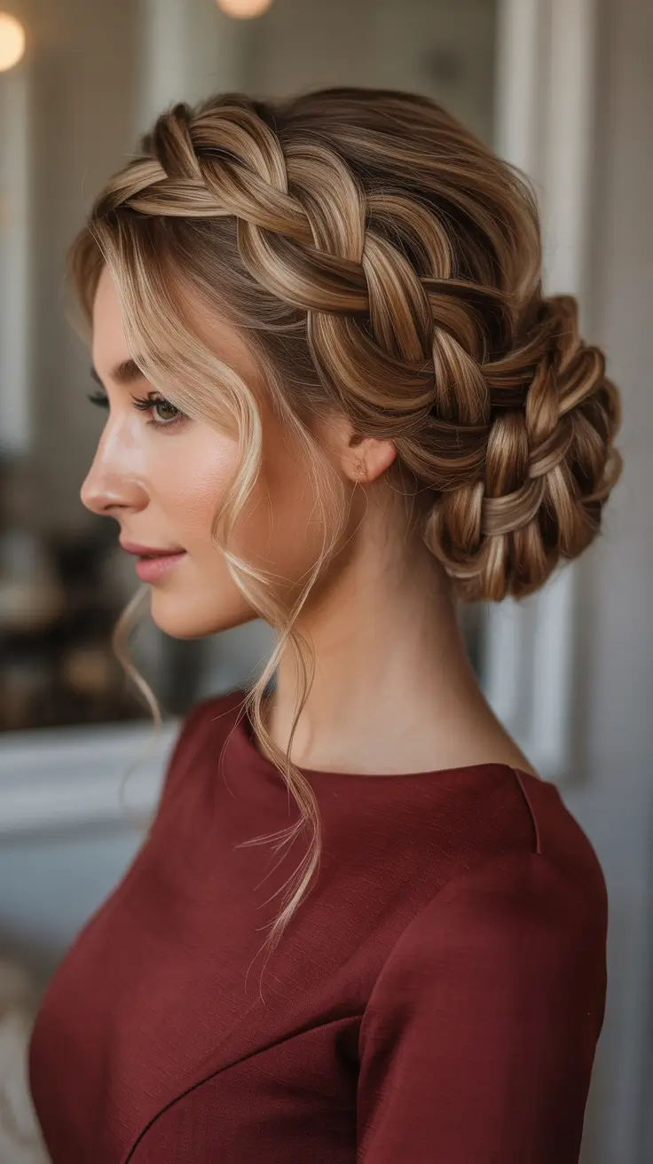 Trendy bun hairstyle ideas 2026 Romantic Braided Crown Into A Low Chignon