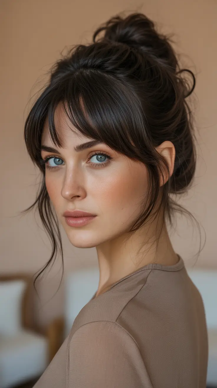 Trendy bun hairstyle ideas 2026 Soft Messy Bun With Curtain Bangs And Loose Pieces