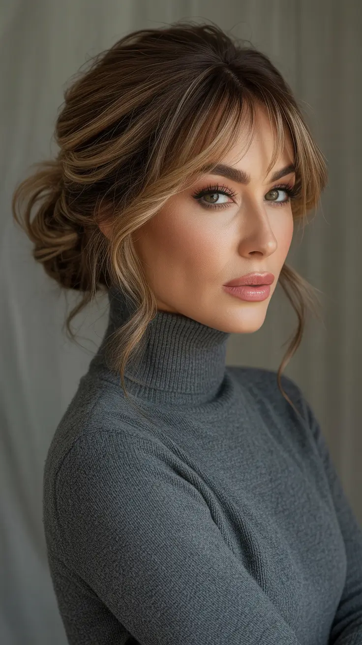 Trendy bun hairstyle ideas 2026 Low Textured Bun With Curtain Bangs And Dimensional Highlights