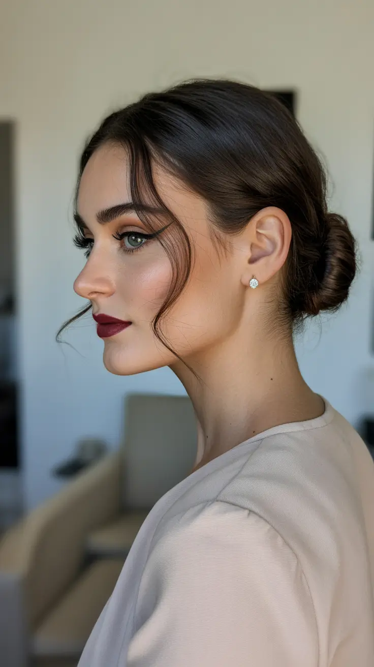 Trendy bun hairstyle ideas 2026 Classic Side Part Chignon With A Clean Finish