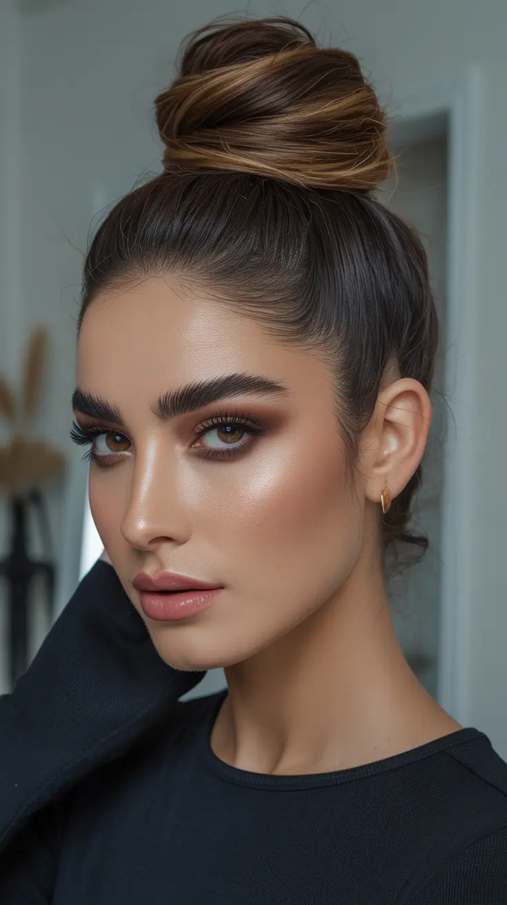 Trendy bun hairstyle ideas 2026 Slick Back High Bun With Wrapped Detail