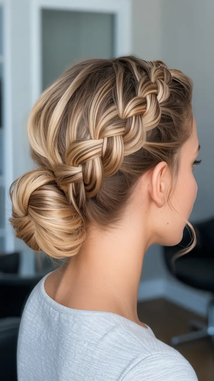 Trendy bun hairstyle ideas 2026 Braided Crown Sweep Into A Low Knot
