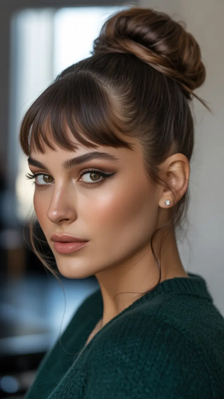 Trendy bun hairstyle ideas 2026 Slick Top Bun With Micro Fringe Attitude