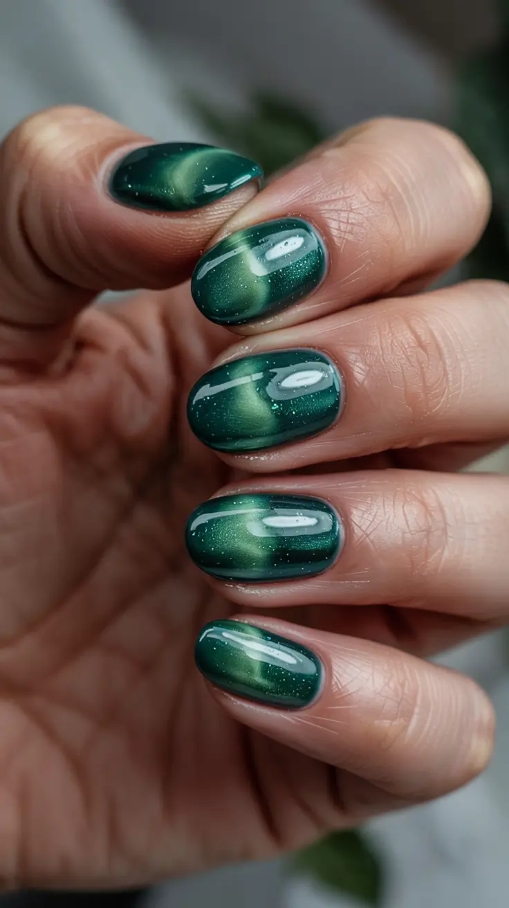 cat eye nail designs 2026 Deep Green Aurora Cat Eye Nails
