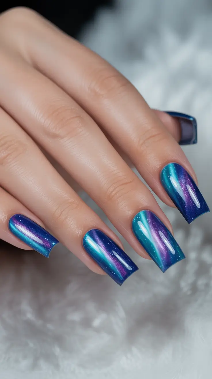 cat eye nail designs 2026 - Ocean Aurora Blue Cat Eye Coffin Nails