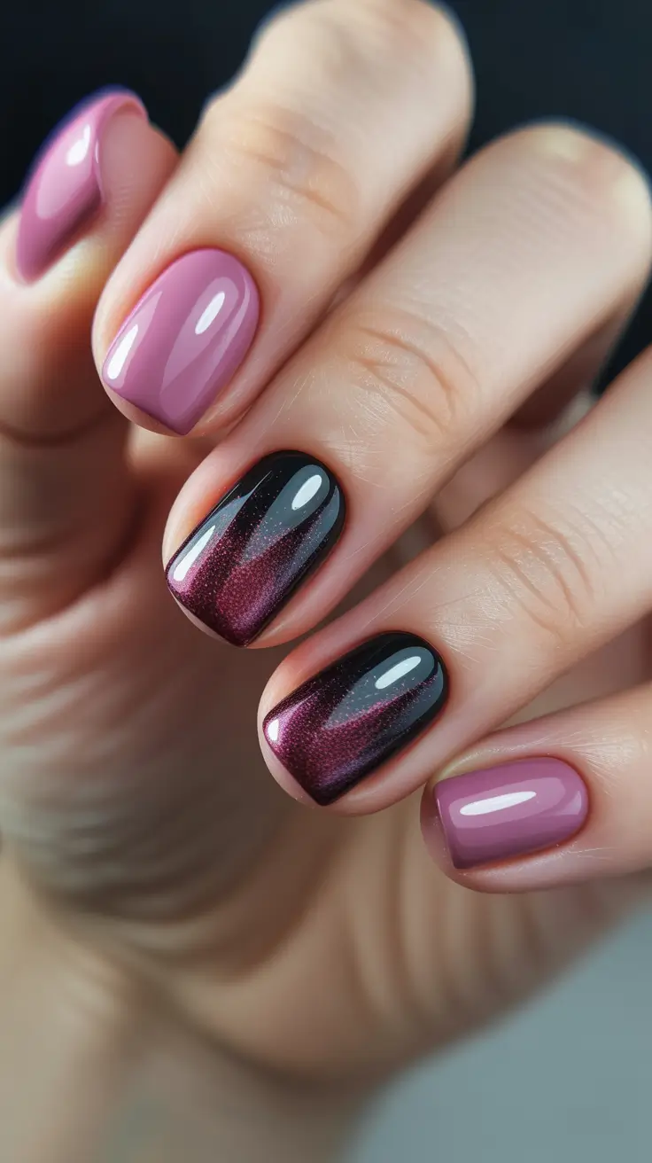 cat eye nail designs 2026 - Burgundy Cat Eye Accent With Soft Mauve