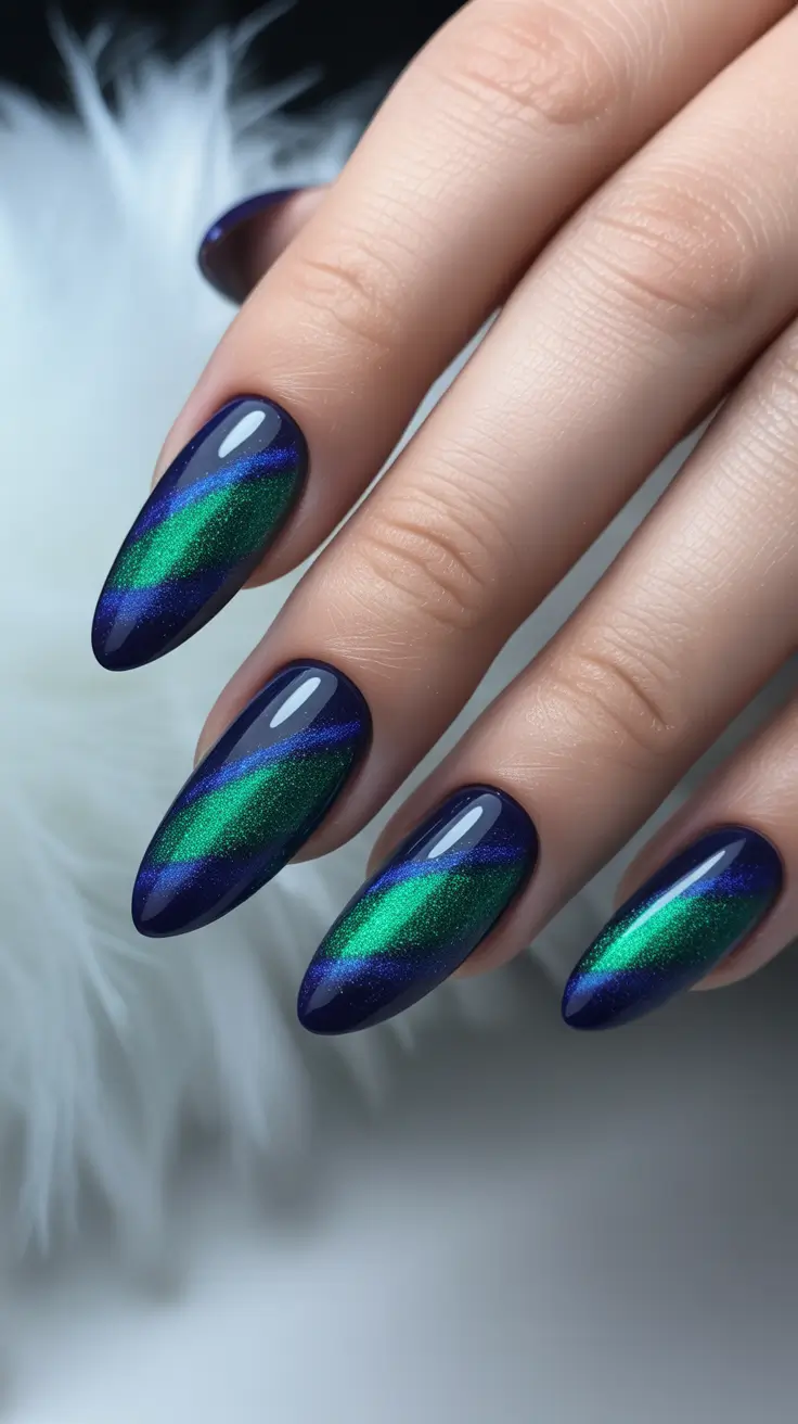 cat eye nail designs 2026 - Deep Navy And Emerald Cat Eye Stripes