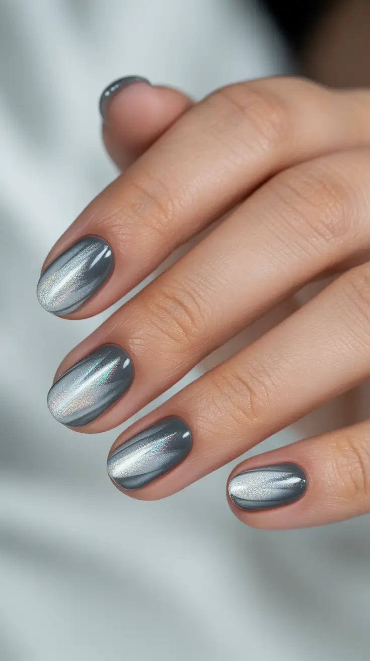 cat eye nail designs 2026 Chic Steel Silver Cat Eye On Short Ovals