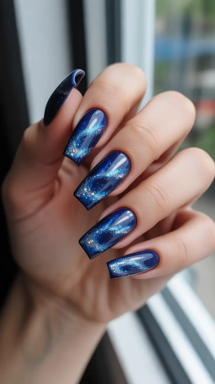 cat eye nail designs 2026 Deep Galaxy Blue Cat Eye Coffin Nails