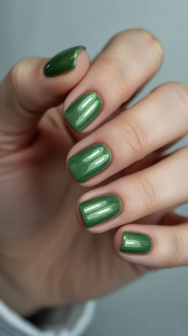 cat eye nail designs 2026 Fresh Moss Green Shimmer Short Nails