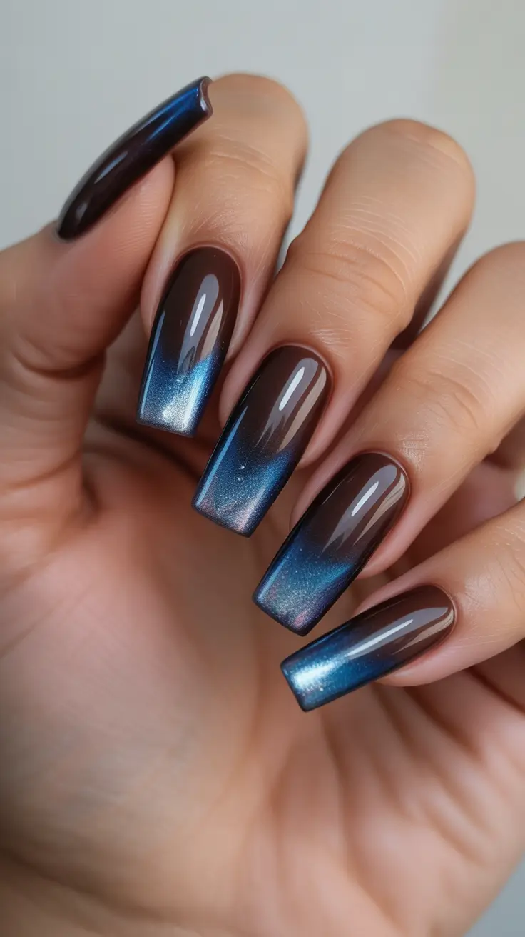 cat eye nail designs 2026 Midnight Brown And Blue Cat Eye Coffin Nails