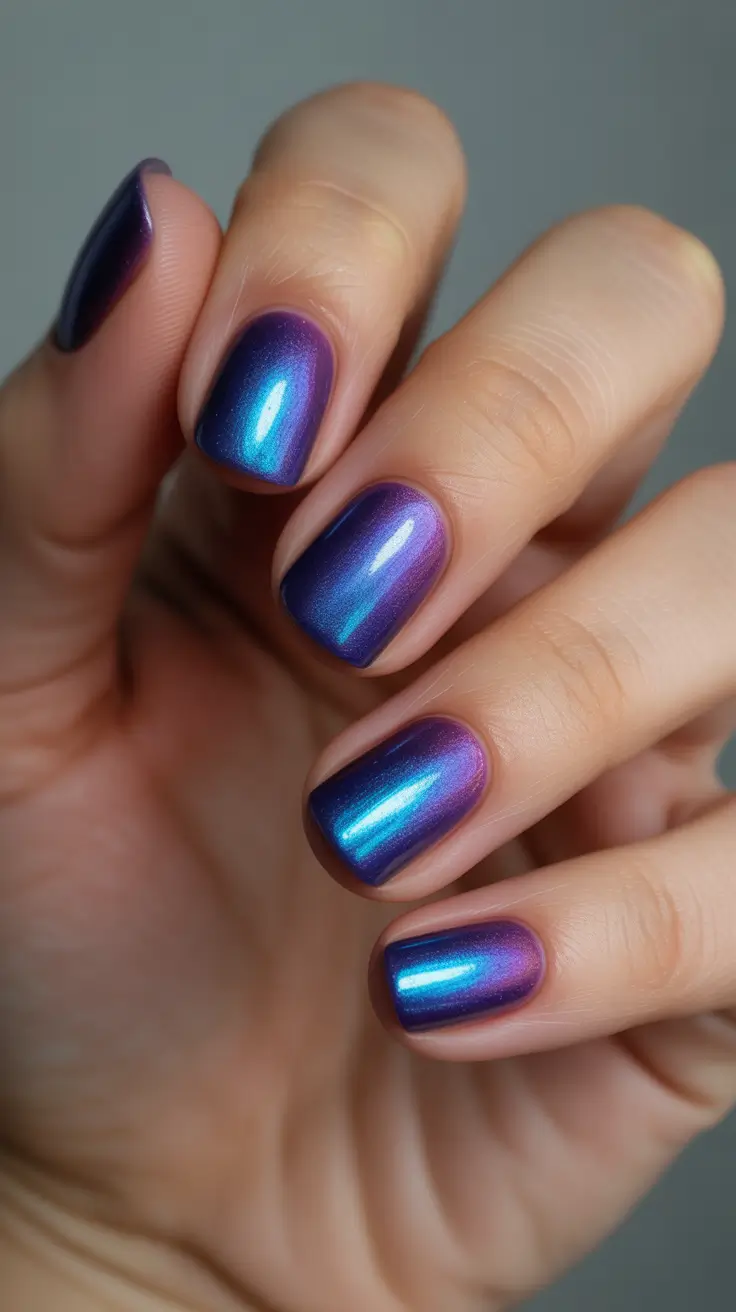 cat eye nail designs 2026 Short Iridescent Purple And Blue Cat Eye Nails