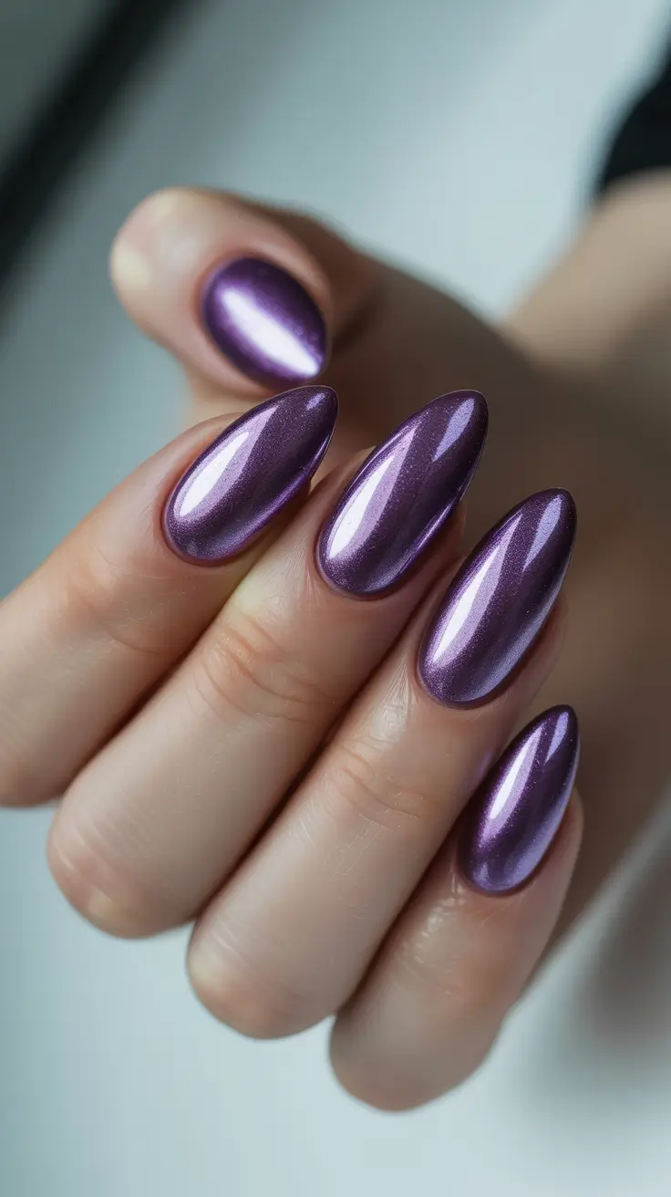 cat eye nail designs 2026 Soft Metallic Lavender Almond Cat Eye Nails