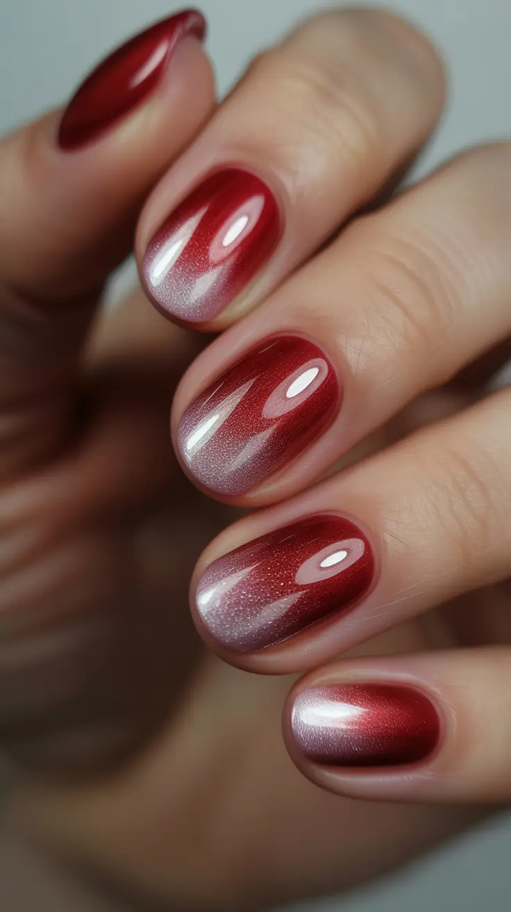 cat eye nail designs 2026 Cherry Red And Soft Silver Cat Eye Glow