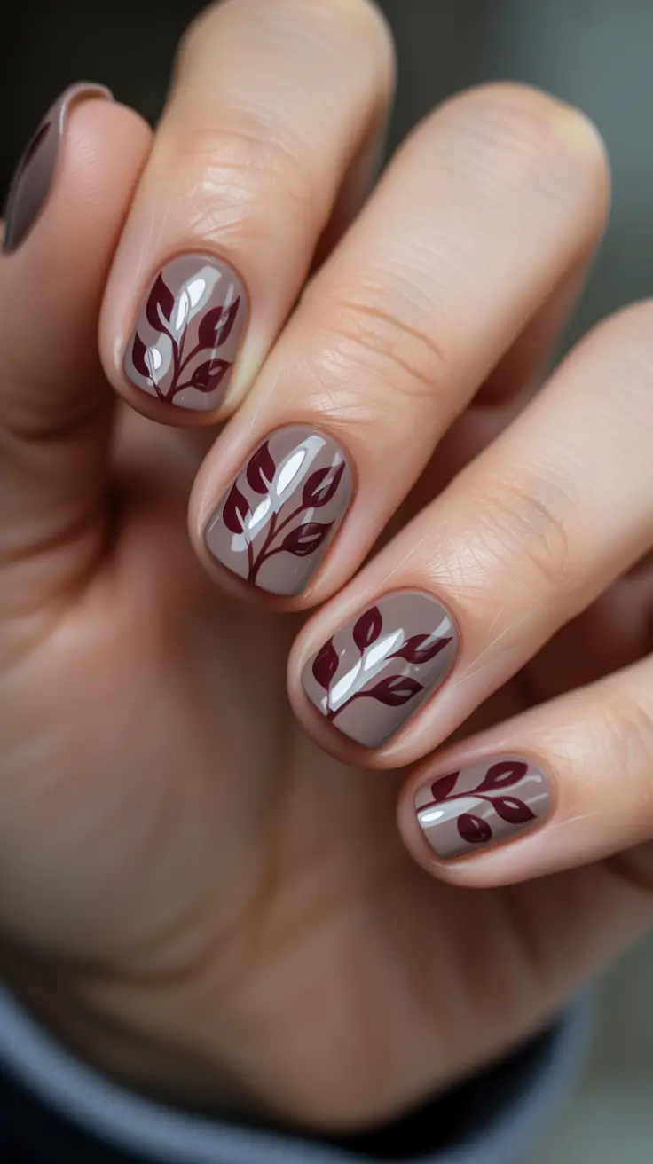 classy nails trend 2026 Moody Taupe With Wine Botanical Details