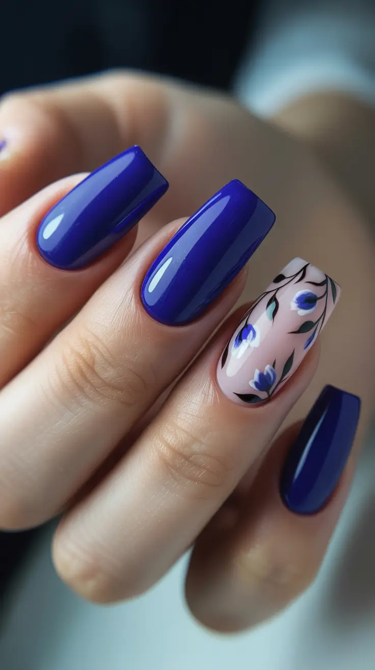 classy nails trend 2026 Cobalt Gloss With Fine Floral Linework