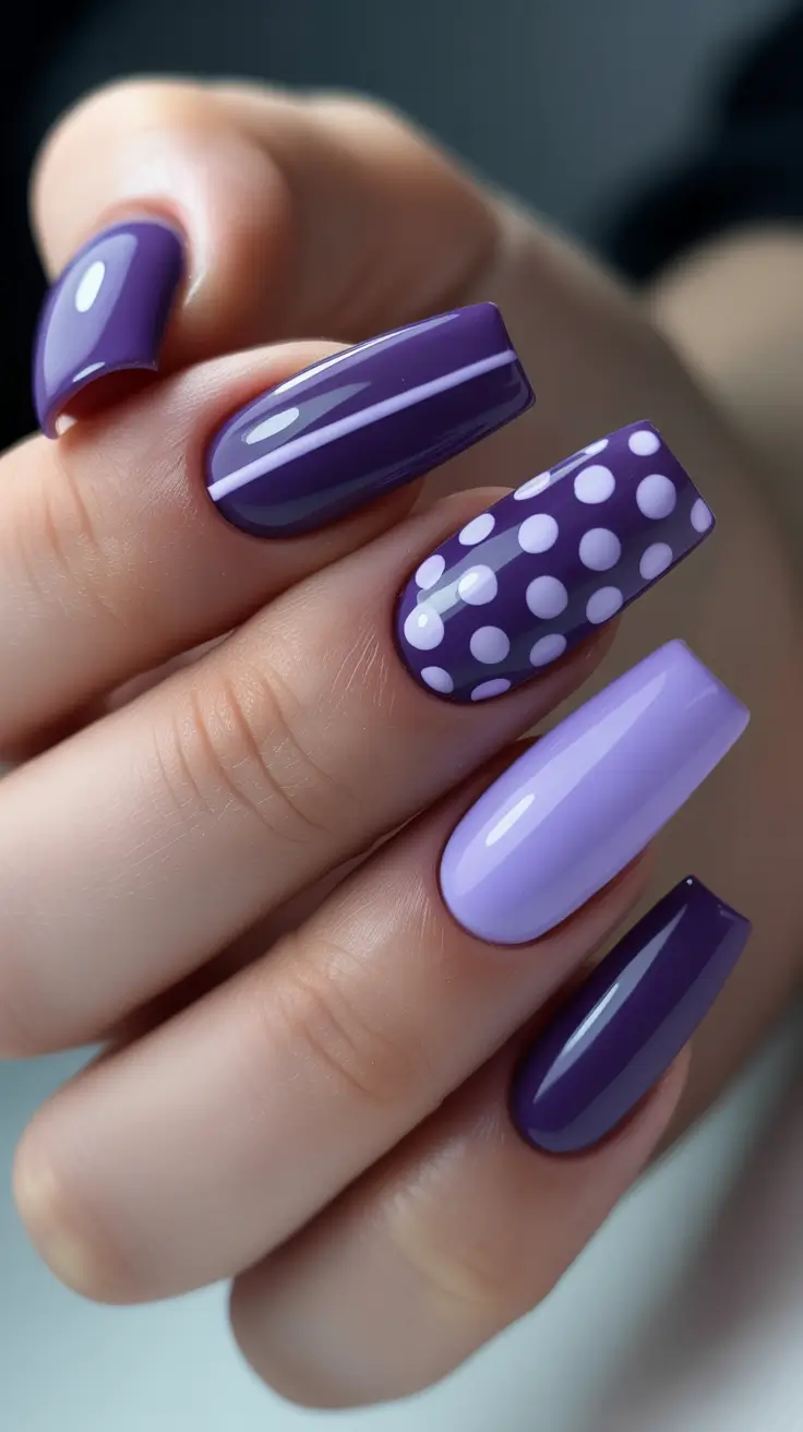 classy nails trend 2026 Lavender And Grape Mix With Playful Polka Dots