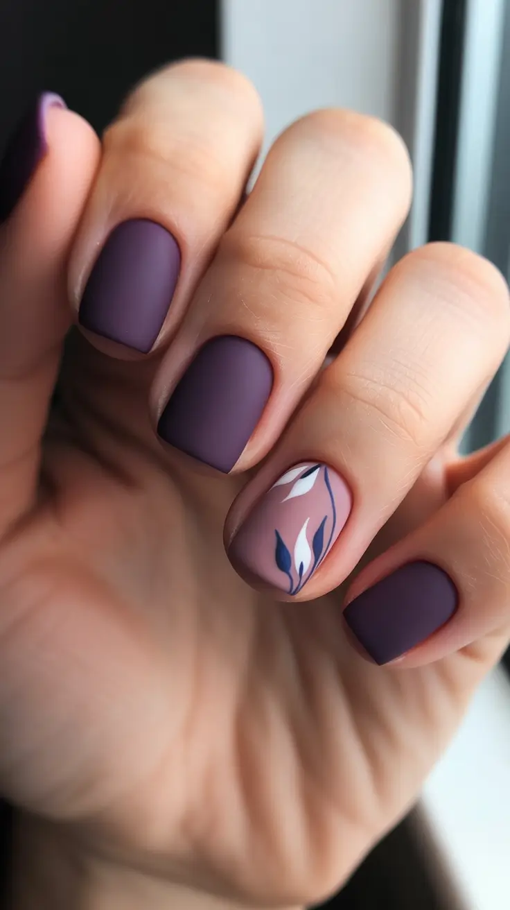 classy nails trend 2026 Matte Plum Minimalism With A Soft Leaf Accent
