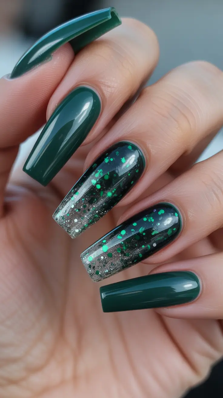 classy nails trend 2026 Deep Emerald Coffin With Glitter Fade