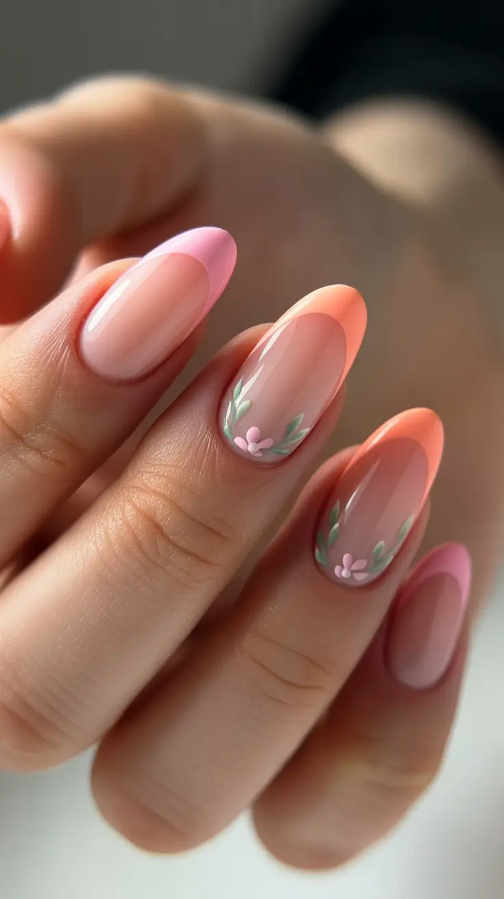 classy nails trend 2026 Sheer Blush Almond With Micro Floral Corners