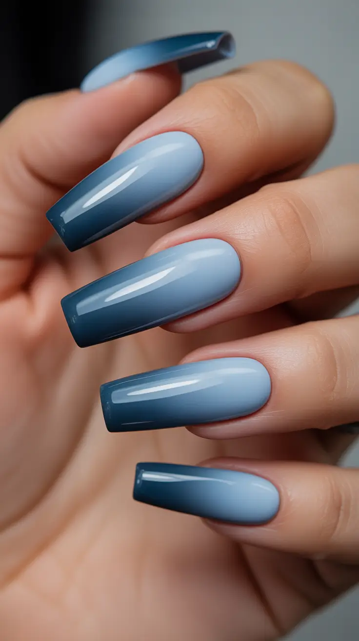 classy nails trend 2026 Smoky Steel Blue Coffin Ombré