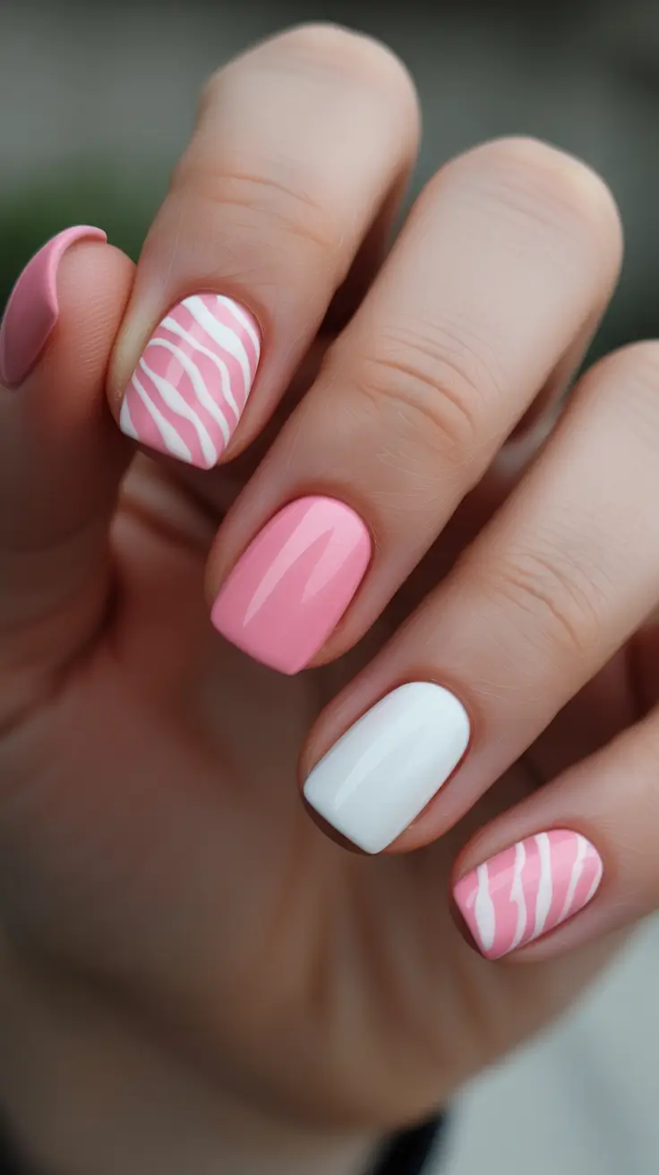 classy nails trend 2026 Pink And White Short Square With Soft Zebra Lines