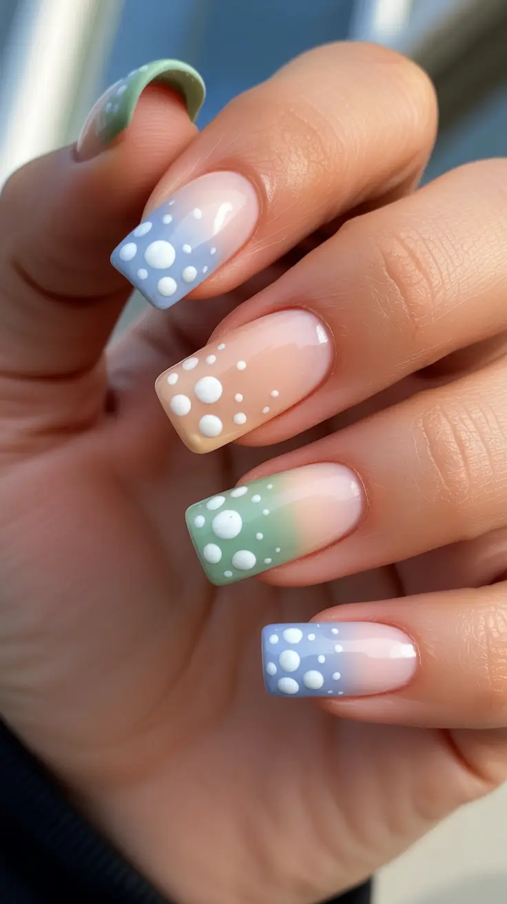 classy nails trend 2026 Pastel Fade Squares With Bubble Dot Details