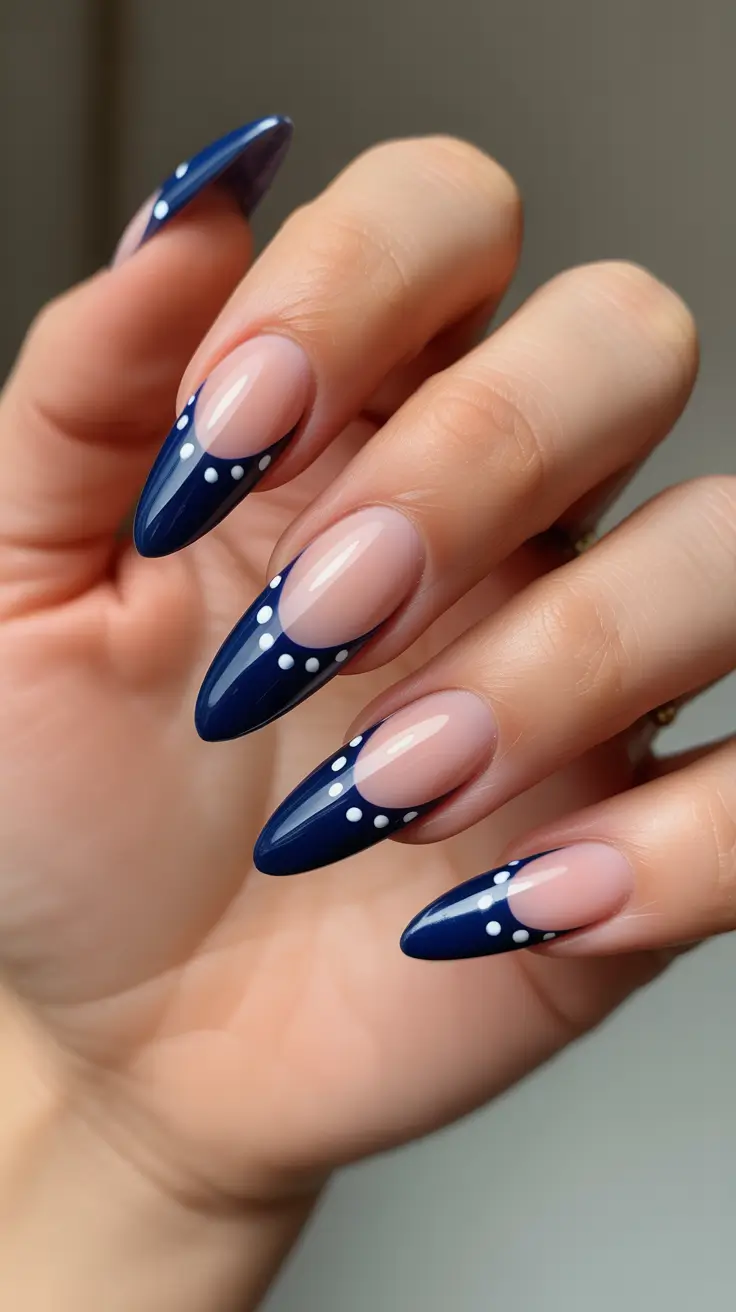 classy nails trend 2026 Navy Micro Dot French For A Polished Night Out