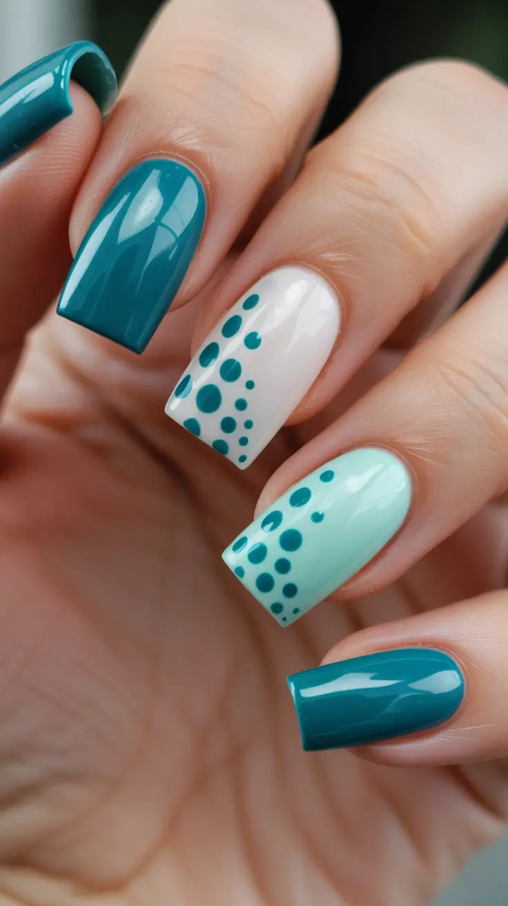 classy nails trend 2026 Teal Pop With Modern Dot Minimalism