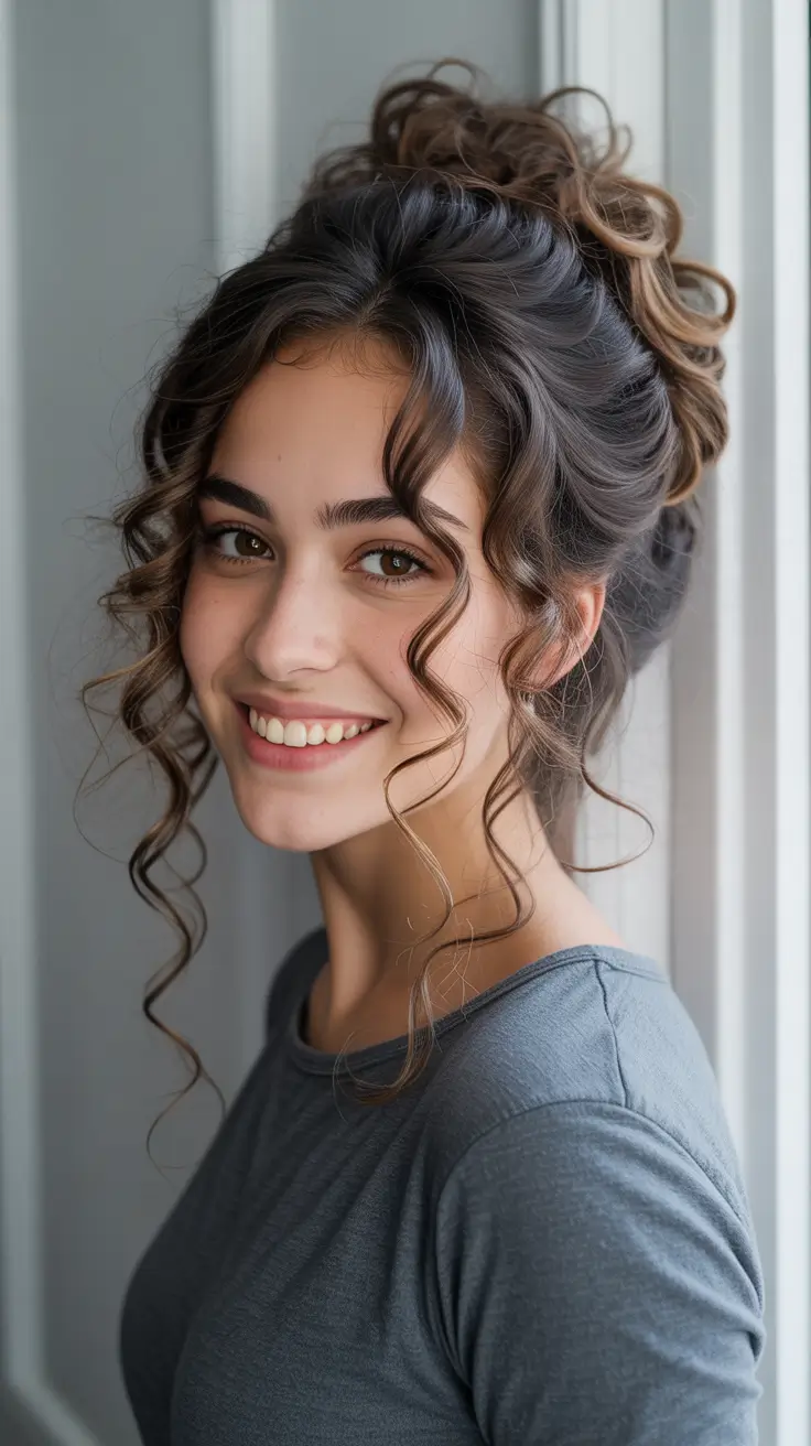 Curly hair inspiration 2026 Soft Curly Updo With Face Framing Tendrils