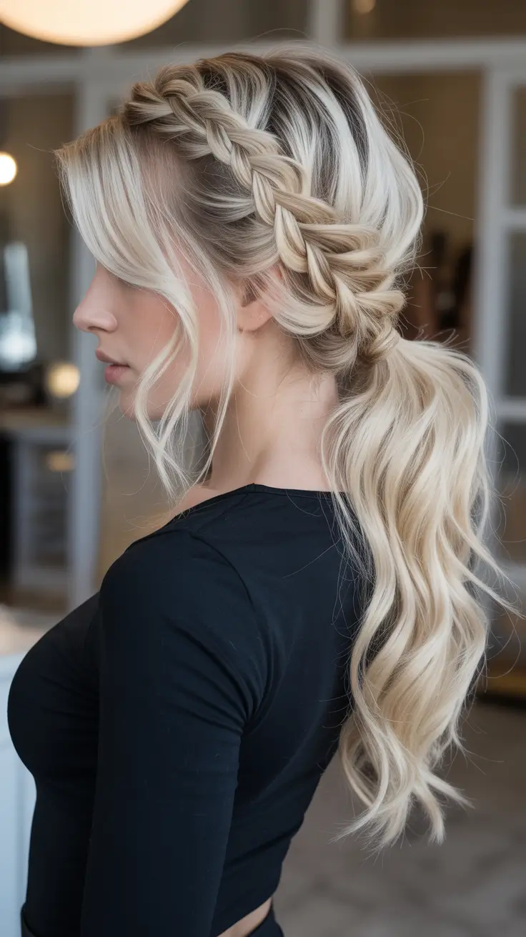Cute hairstyle inspiration 2026 Side Braid Into Wavy Ponytail Glam